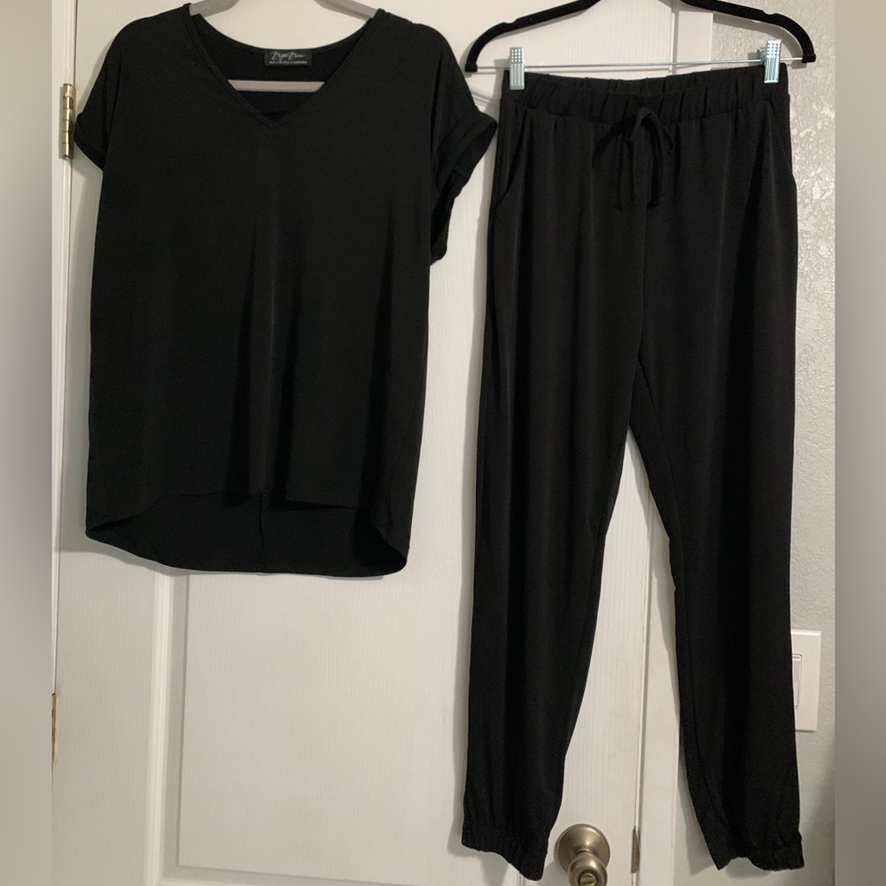 Black Women's V-Neck Top and Drawstring Jogger Set